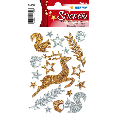 Glitzernde Aufkleber mit verschiedenen Motiven, darunter ein Eichhörnchen, Sterne und Blätter in Gold- und Silbertönen.