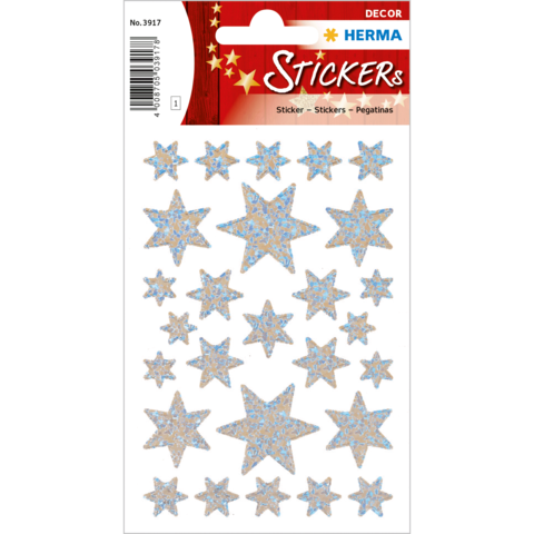 Bunte Sternaufkleber in verschiedenen Größen und Designs auf einem weißen Hintergrund, verpackt in einer dekorativen Folie.