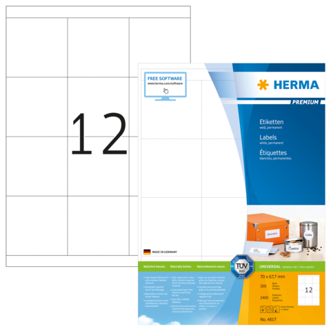 Etikettenblatt mit der Nummer 12, präsentiert von HERMA, zeigt die Maße 70 x 67 mm und enthält 200 Etiketten pro Packung.