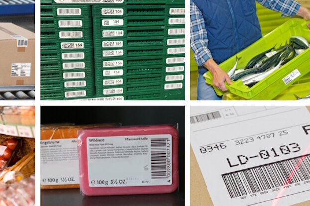 Verschiedene Verpackungen und Behälter mit Etiketten, darunter Transportkartons, Mehrwegkisten, Fleisch, Obst und Gemüse, Seife, sowie ein Logo mit den Buchstaben PPWR und EU-Sternen.