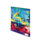 Bunte Noten und ein Schlüssel auf einem Hintergrund aus abstrakten Farben in Blau, Gelb, Rot und Grün.