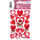 Rote Herzaufkleber in verschiedenen Designs, darunter einfache Herzen, Herzformen mit Punkten und eine Rose, auf einem dekorativen Hintergrund.