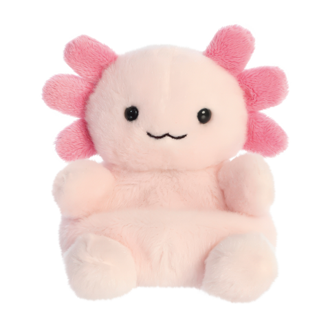 Kuscheltier in Form eines Axolotls mit rosa Körper und Kiemen, lächelnd und mit runden Augen, sitzt auf einem weißen Hintergrund.