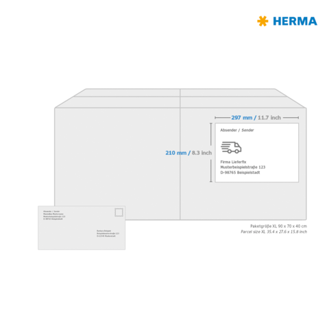 Paketgröße XL mit Abmessungen 297 mm x 210 mm und Versandinformationen für eine Firma.