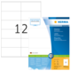 Etikettenblatt mit 12 leeren Feldern und Verpackung von HERMA Premium, inklusive Hinweis auf kostenlose Software zur Etikettenerstellung.