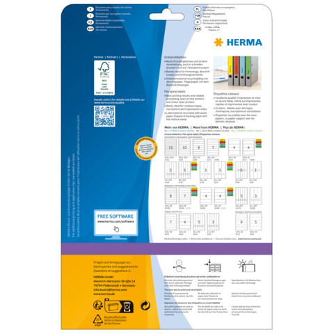 Rückseite einer Verpackung von HERMA mit Informationen zu Produkten, Software und Anwendungsbeispielen. Enthält Grafiken und QR-Code.
