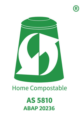Grünes Symbol für kompostierbare Produkte mit den Angaben "Home Compostable", "AS 5810" und "ABAP 20236".
