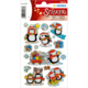 Bunte Aufkleber mit Pinguinen, Weihnachtsmännern, Geschenken und winterlichen Motiven auf einem Bogen.