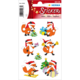 Weihnachtliche Aufkleber mit Füchsen in Santa-Hüten, die Geschenke halten, eine Trompete blasen und auf einem Schlitten fahren.