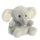 Graues Plüschelefant mit großen Ohren, sitzend und mit einem freundlichen Ausdruck. Ideal als Spielzeug oder Dekoration.