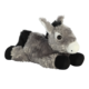 Plüsch-Esel mit grauem Fell, schwarzen Beinen und großen, runden Augen, in liegender Position.