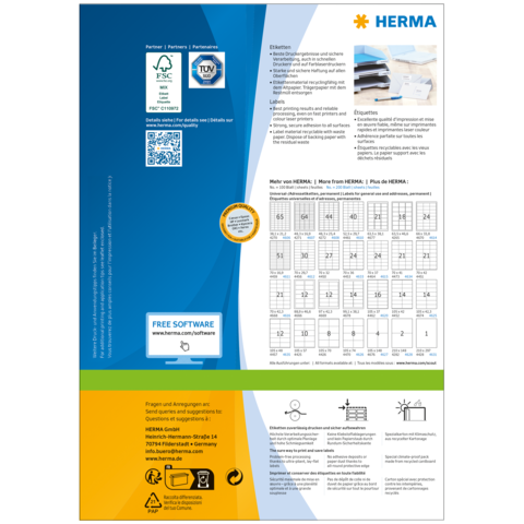 Produktinformationen von HERMA, einschließlich Softwarehinweis und QR-Code. Enthält eine Tabelle mit verschiedenen Etikettengrößen und -formaten.