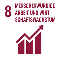 Zahl 8: Menschenwürdige Arbeit und Wirtschaftswachstum, dargestellt durch ein aufsteigendes Diagramm.