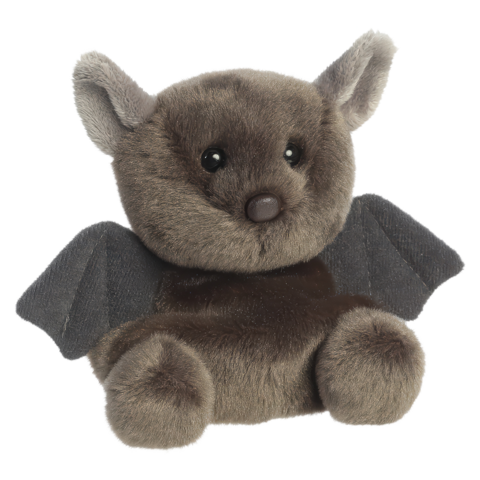 Kuscheltier in Form einer Fledermaus mit großen Augen, runden Ohren und grauen Flügeln, sitzt aufrecht.