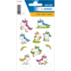 Bunte Einhorn-Sticker in verschiedenen Posen, einige mit Blumen und Regenbögen, auf einem dekorativen Hintergrund.