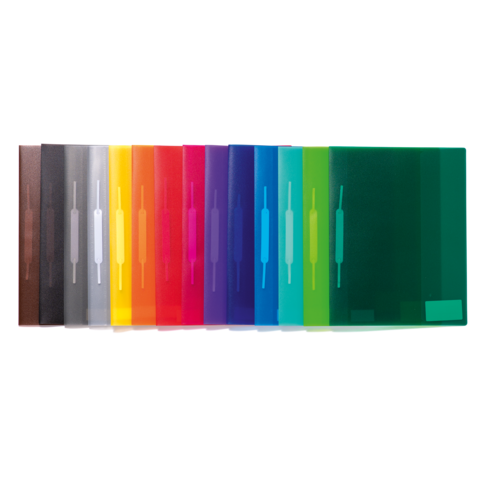 Bunte, transparente Ordner in einer Reihe, angeordnet von dunkelbraun bis grün, mit einem einheitlichen Design und einem Schieber.