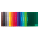 Bunte, transparente Ordner in einer Reihe, angeordnet von dunkelbraun bis grün, mit einem einheitlichen Design und einem Schieber.