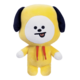 Ein gelbes Plüschspielzeug mit schwarzem Ohr und einem lächelnden Gesicht, das einen Kapuzenpullover trägt.