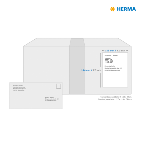 Versandkarton mit Abmessungen und Adressfeld. Enthält Informationen zu Absender und Empfänger sowie Standardgrößen für Pakete.
