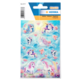Aufkleber mit verschiedenen Einhörnern und Herzen auf einem bunten, wolkigen Hintergrund. Verpackung zeigt mehrere Designs.