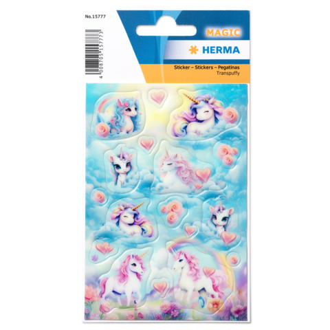 Aufkleber mit verschiedenen Einhörnern und Herzen auf einem bunten, wolkigen Hintergrund. Verpackung zeigt mehrere Designs.