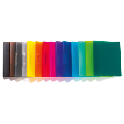 Bunte Ordner in verschiedenen Farben, angeordnet in einer Reihe. Die Farben reichen von Schwarz und Grau bis zu leuchtendem Gelb, Pink und Grün.