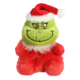 Plüschfigur des Grinch mit rotem Weihnachtsanzug und Weihnachtsmütze, lächelnd und mit grünem Gesicht.