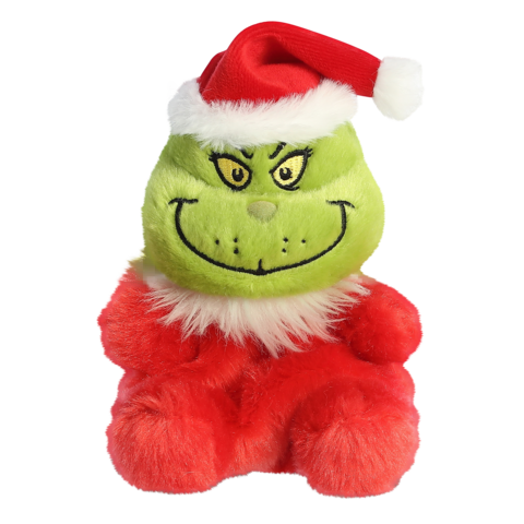 Plüschfigur des Grinch mit rotem Weihnachtsanzug und Weihnachtsmütze, lächelnd und mit grünem Gesicht.