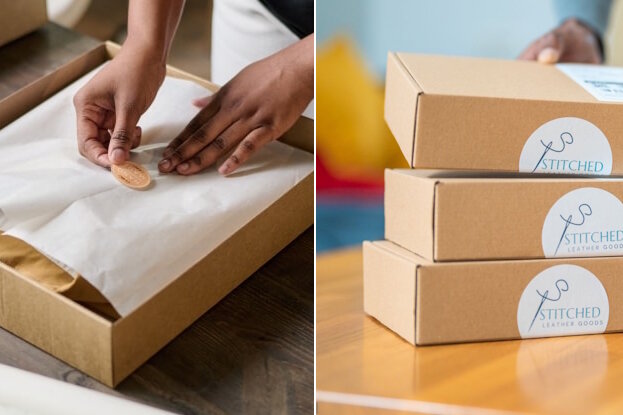 Geschenkschachteln in verschiedenen Designs, einige werden geöffnet oder verpackt, andere sind gestapelt auf einem Tisch.