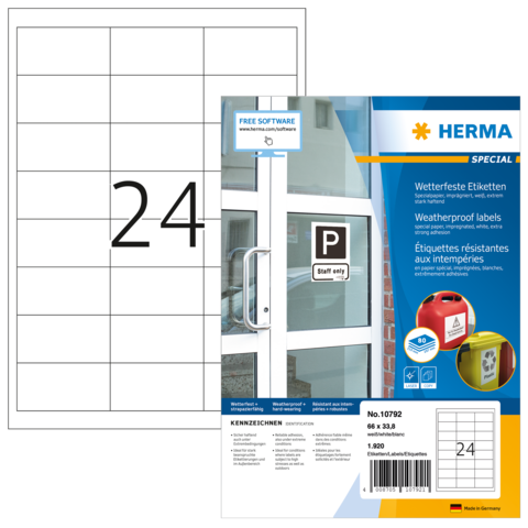 Wetterfeste Etiketten von Herma, Packung mit 24 Etiketten, geeignet für verschiedene Anwendungen, inklusive Softwarehinweis.