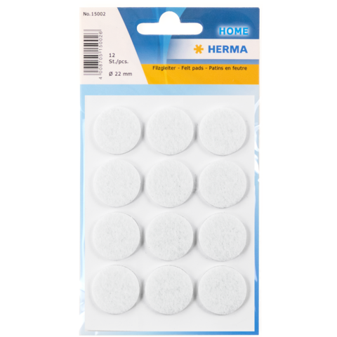 Packung mit 12 weißen Filzgleitern, rund, Durchmesser 22 mm, auf einer blauen und weißen Verpackung.