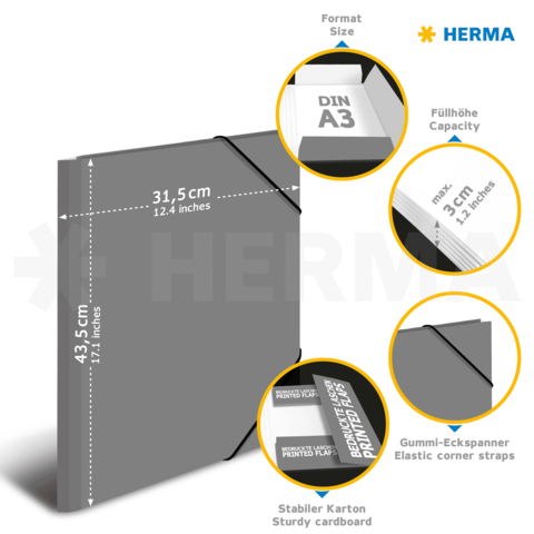 Schwarze Mappe im DIN A3-Format mit elastischen Ecken, stabiler Karton, Füllhöhe von 3 cm, geeignet für Dokumente und Unterlagen.