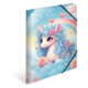 Ein niedliches Einhorn mit blauen Locken und Blumen, umgeben von Wolken und einem Regenbogen, auf einem bunten Hintergrund.