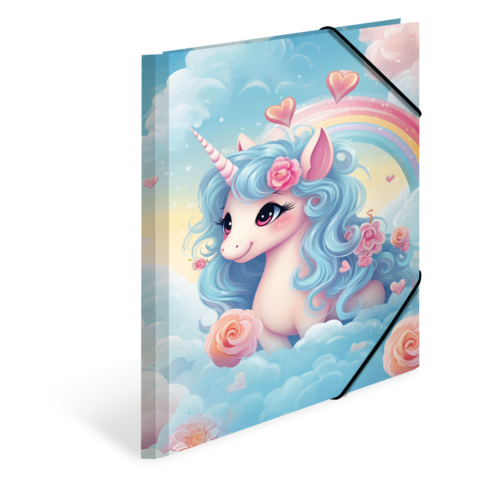 Ein niedliches Einhorn mit blauen Locken und Blumen, umgeben von Wolken und einem Regenbogen, auf einem bunten Hintergrund.