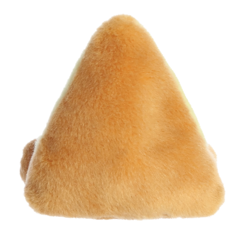 Ein weiches, dreieckiges Kissen in orangefarbenem Plüsch, das eine gemütliche und einladende Form hat.