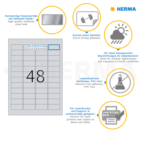 Hochwertige Polyesterfolie mit extrem starker Haftung, ideal für Außenanwendungen. Für Laser- und Kopierer geeignet, PVC-frei.