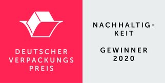 Deutscher Verpackungspreis 2020 für Nachhaltigkeit, dargestellt mit einem roten und grauen Hintergrund sowie einem stilisierten Verpackungssymbol.