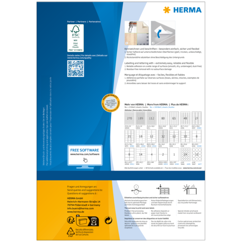 Produktinformationen von HERMA, einschließlich Softwarehinweis und Anwendungsbeispielen für Etiketten. Enthält QR-Code und Tabellen.