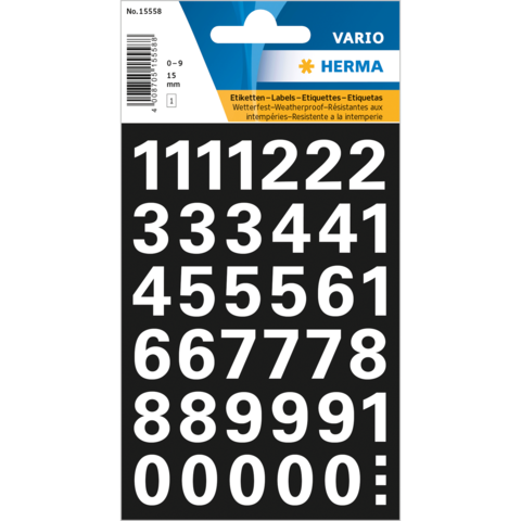 Schwarze Etiketten mit weißen Zahlen von 0 bis 9, wetterfest, für verschiedene Beschriftungsanwendungen.
