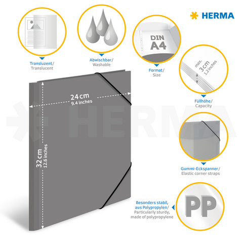 Graue, abwaschbare Mappe im DIN A4-Format mit elastischen Ecken, stabil aus PP, für eine Füllhöhe von bis zu 3 cm.