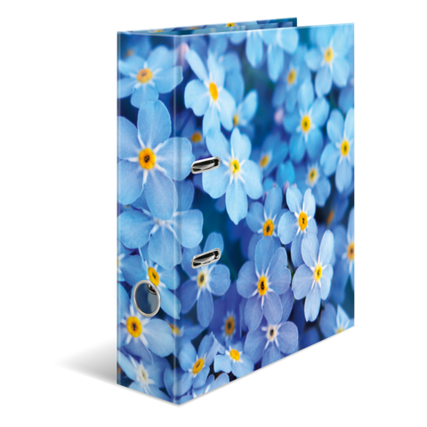 Ein Ordner mit einem blauen Blumenmuster, das kleine, hellblaue Blüten mit gelben Mittelpunkten zeigt.