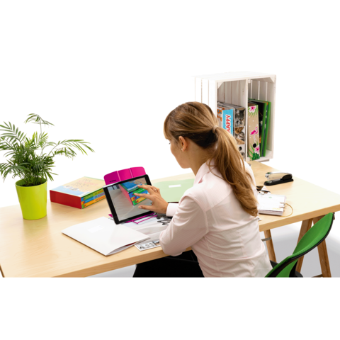 Eine Frau sitzt an einem Schreibtisch und nutzt ein Tablet. Auf dem Tisch befinden sich Unterlagen, ein Stift und eine Pflanze in einem Topf.
