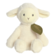 Weiches, plüschiges Schaf mit großen Augen und einem kleinen Lächeln, das an einem grünen Etikett hängt.
