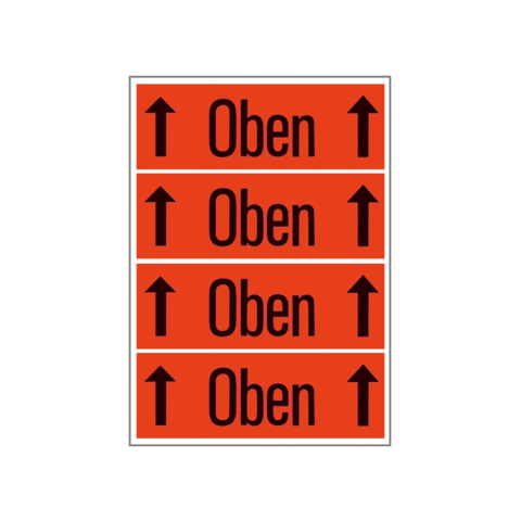 Vier orangefarbene Schilder mit dem Wort "Oben" und Pfeilen, die nach oben zeigen.