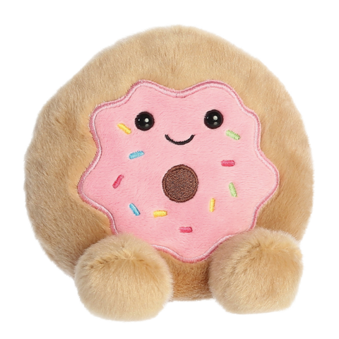Ein kuscheliges Plüschtier in Form eines Donuts mit einem lächelnden Gesicht und bunten Streuseln.