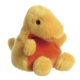 Gelbes Plüschdinosaurier mit orangefarbenem Bauch, sitzt aufrecht und hat große, runde Augen.