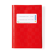 Rotes Notizbuch mit strukturiertem Cover und einem weißen Etikett zum Beschriften.