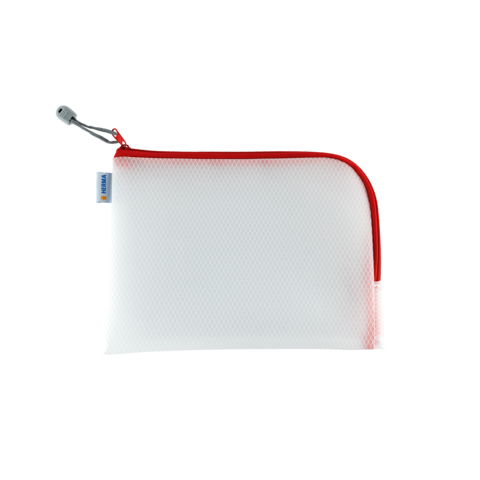 Weiße Tasche mit rotem Reißverschluss, ideal für die Aufbewahrung von Schreibwaren oder kleinen Gegenständen.