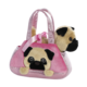 Eine rosa Handtasche mit einem Plüschmops, der aus der Tasche schaut. Die Tasche hat zwei Tragegriffe und ein glitzerndes Design.