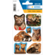 Aufkleber mit verschiedenen Katzenmotiven, darunter Kätzchen in einem Korb und spielende Katzen.